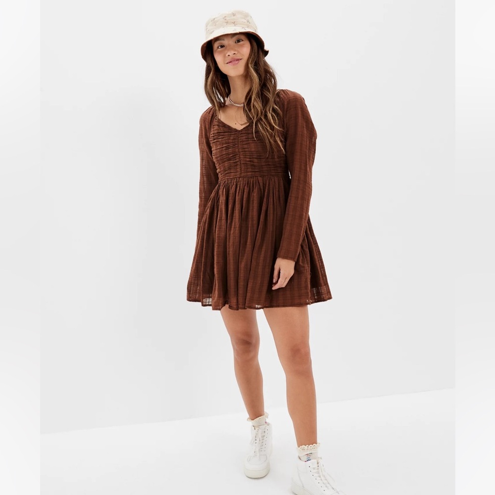 AE Ruched Long-Sleeve Mini Dress in Brown - S - Picture 2 of 16